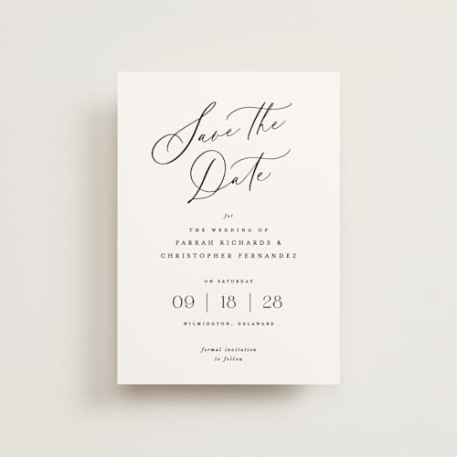 This is a pearl petite save the dates with standard by Hooray Creative called beautifully scripted printing on signature in petite
