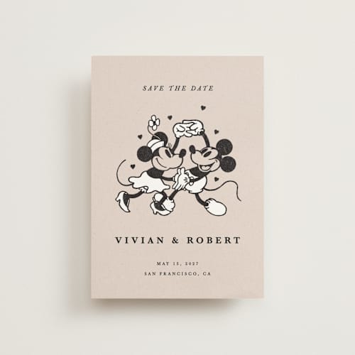 This is a retro petite save the dates with standard by Sumak Studio called disney's retro mickey mouse and minnie mouse printing on signature in petite