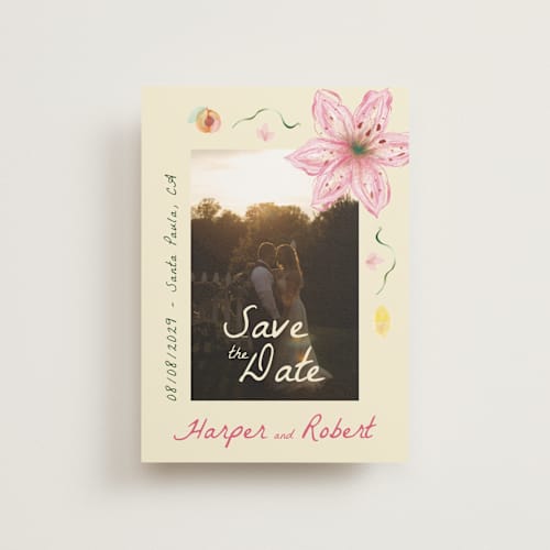 This is a blush save the date postcards with standard by Emily Miranda called romantic tropical wedding printing on signature in postcard