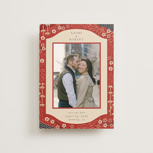 This is a rose save the date postcards with standard by Jennifer Holbrook called japanese textile printing on signature in postcard