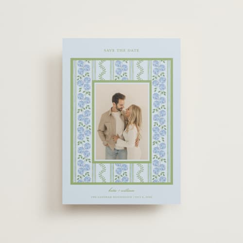 This is a coastal save the date postcards with standard by Madhvi Samimi called hydrangea vines printing on signature in postcard