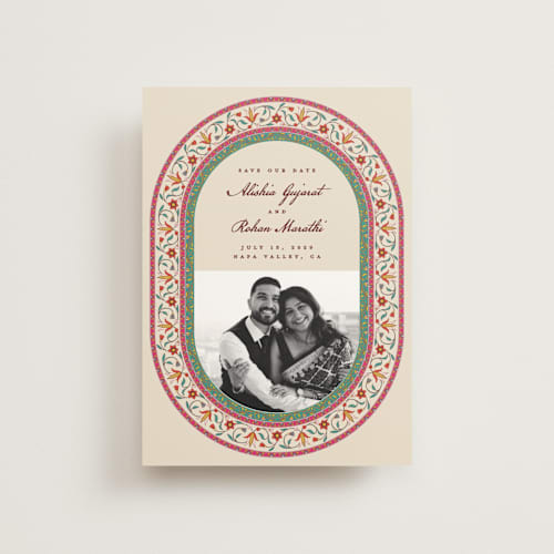 This is a ivory save the date postcards with standard by Sherley Ferreira called mughal gardens printing on signature in postcard