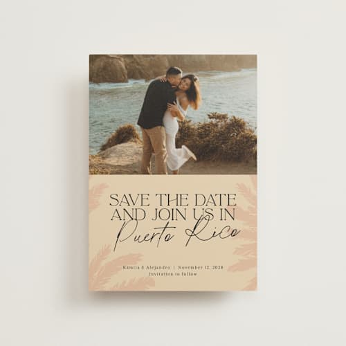 This is a sand save the date postcards with standard by Inkblot Design called destination dream printing on signature in postcard
