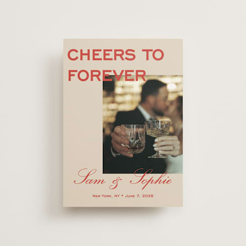 This is a tomato save the date postcards with standard by Sydney Kay called bold cheers printing on signature in postcard