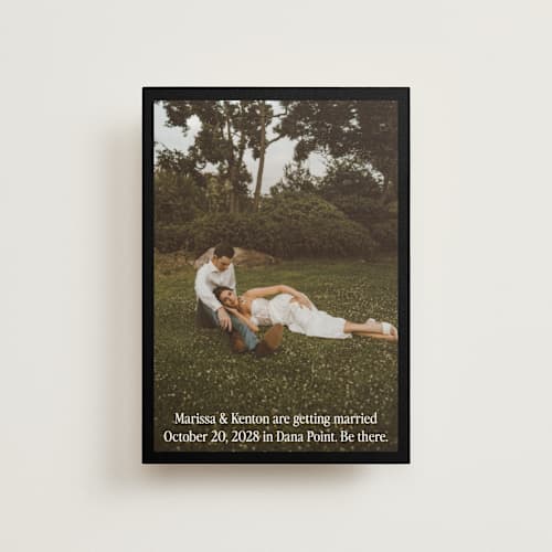 This is a coal save the date postcards with standard by Becky Nimoy called black border printing on signature in postcard