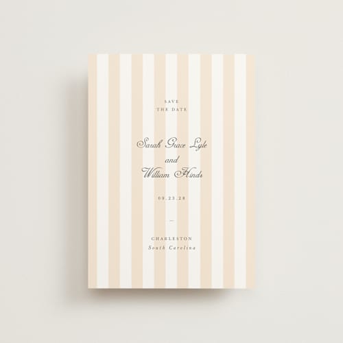 This is a peach save the date postcards with standard by Sara Hicks Malone called awning stripe printing on signature in postcard