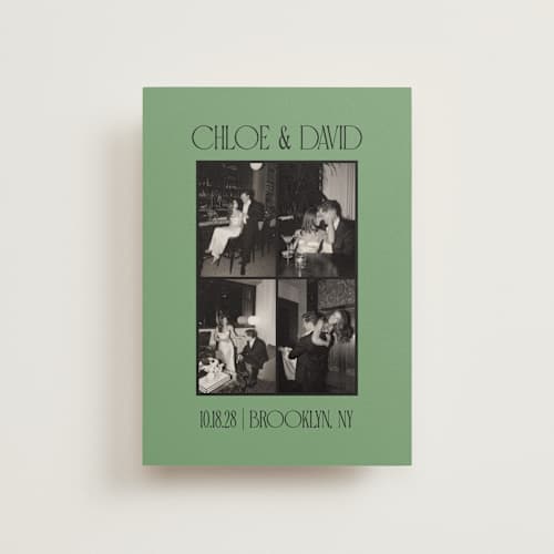 This is a jade save the date postcards with standard by Morgan Kendall called quad printing on signature in postcard