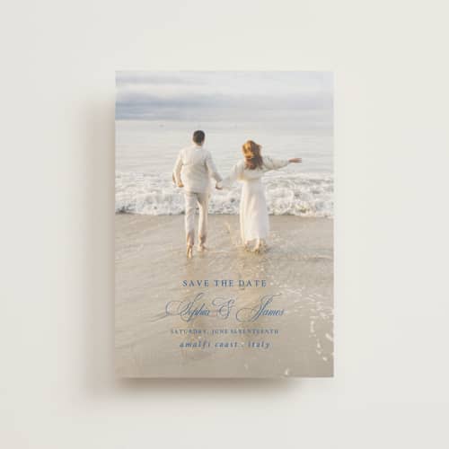 This is a blue mist save the date postcards with standard by Design Lotus called amalfi blue printing on signature in postcard