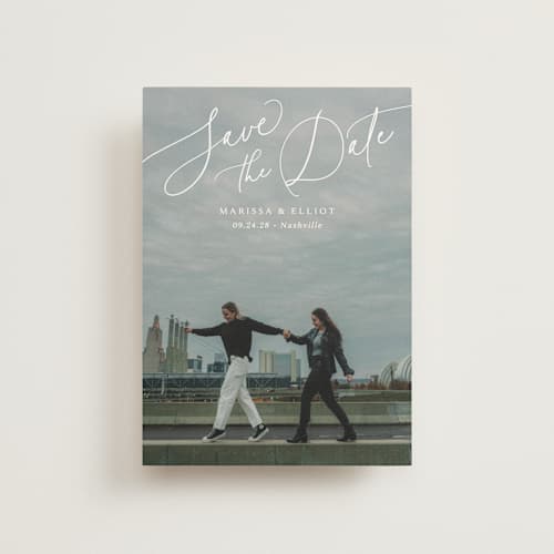 This is a pearl save the date postcards with standard by Kaydi Bishop called on the horizon printing on signature in postcard