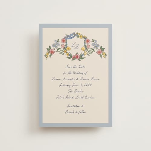 This is a cornflower save the date postcards with standard by Chris Griffith called a wedding in low country printing on signature in postcard