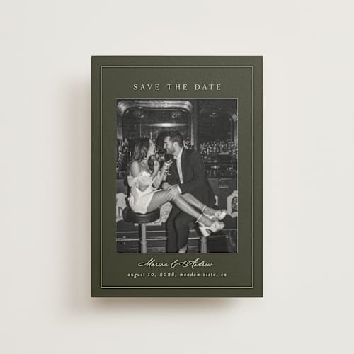 This is a olive save the date postcards with standard by Nicole Walsh called refined printing on signature in postcard