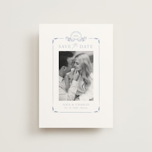 This is a pale cerulean save the date postcards with standard by Sabrin Deirani called ocean dreams printing on signature in postcard