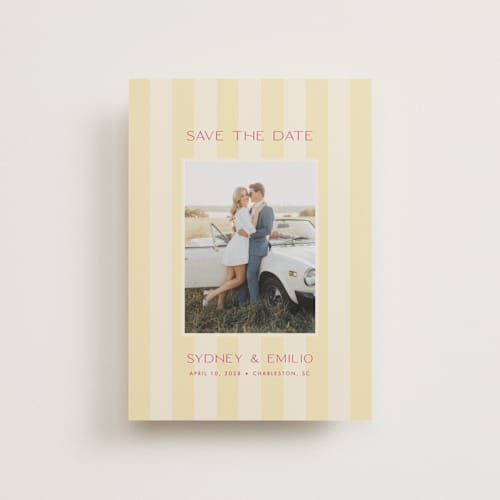 This is a lemon save the date postcards with standard by Ellen Schlegelmilch called palmetto printing on signature in postcard