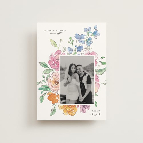 This is a vibrance press save the date postcards with standard by Itsy Belle Studio called floral pop printing on signature in postcard