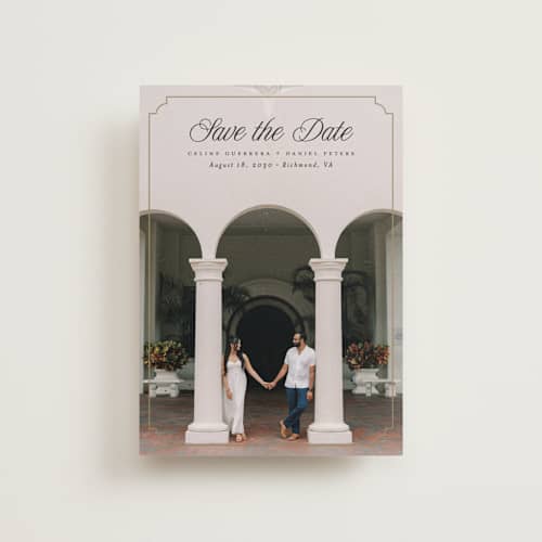This is a golden save the date postcards with standard by Pink House Press called notched up printing on signature in postcard