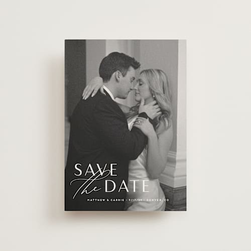 This is a pearl save the date postcards with standard by Jennifer Postorino called eloquent printing on signature in postcard