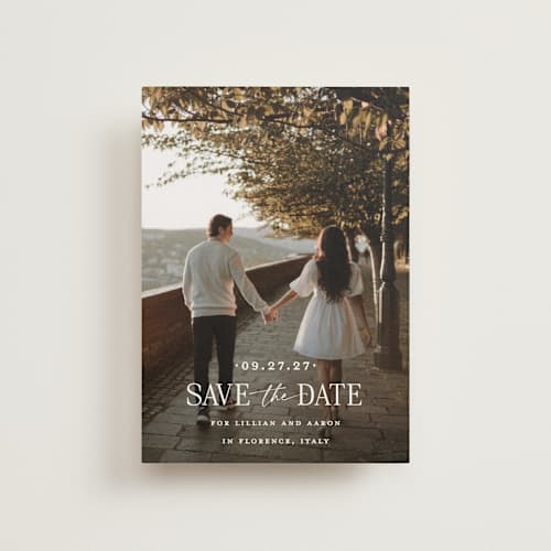 This is a powder save the date postcards with standard by Carolyn MacLaren called together forever printing on signature in postcard