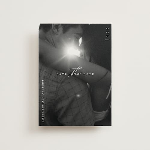 This is a pearl save the date postcards with standard by Christie Garcia called focal printing on signature in postcard