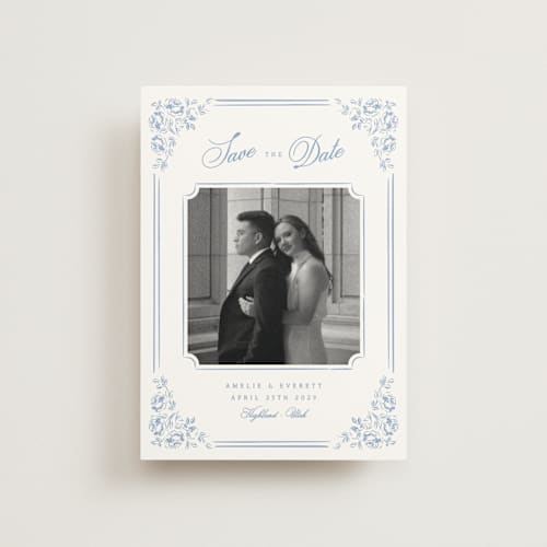 This is a sky save the date postcards with standard by Robert and Stella called constance printing on signature in postcard