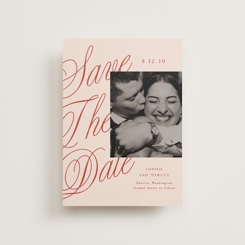 This is a cherry save the date postcards with standard by Alethea and Ruth called script overlay printing on signature in postcard