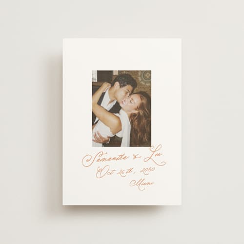 This is a peach save the date postcards with standard by AK Graphics called flourishing printing on signature in postcard