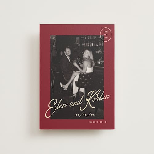 This is a campari save the date postcards with standard by Susan Zinader called cocktail hour printing on signature in postcard