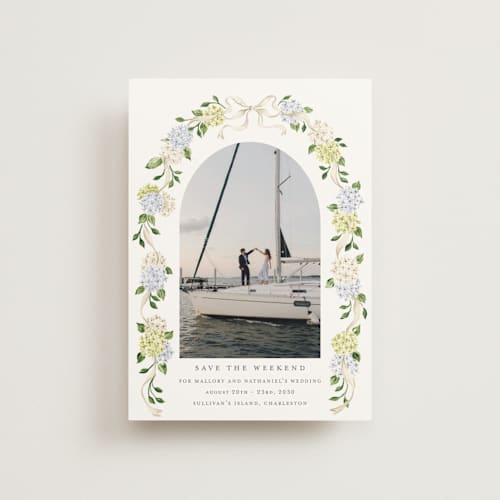 This is a coastline save the date postcards with standard by Sarah Knight called coastal hydrangea printing on signature in postcard