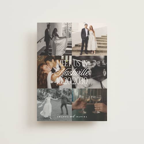 This is a chiffon save the date postcards with standard by Maria Alou called modern collage printing on signature in postcard