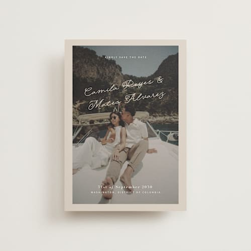 This is a yachting save the date postcards with standard by Design Lotus called where our story begins printing on signature in postcard