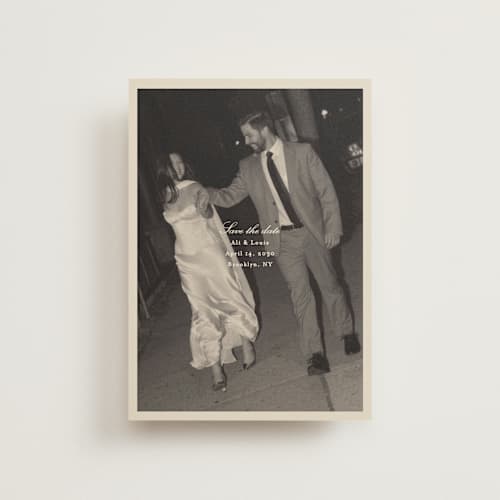 This is a cream save the date postcards with standard by Ellen Schlegelmilch called louie printing on signature in postcard