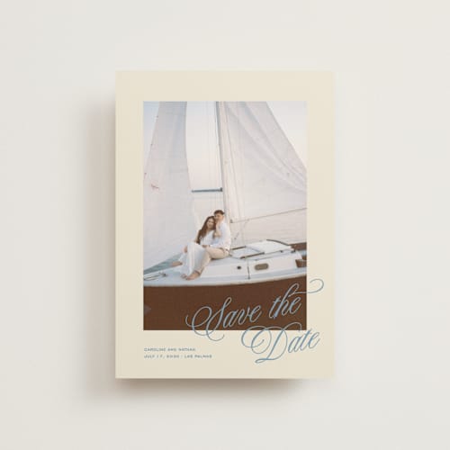 This is a capri save the date postcards with standard by Creo Study called classic contemporary printing on signature in postcard