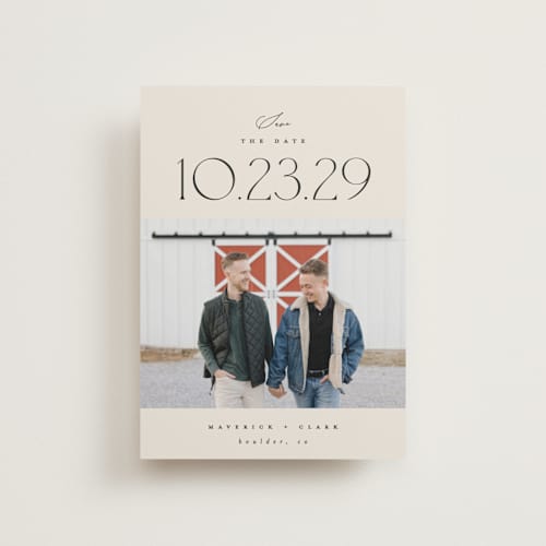 This is a ivory save the date postcards with standard by Carolyn Nicks called romancing the date printing on signature in postcard