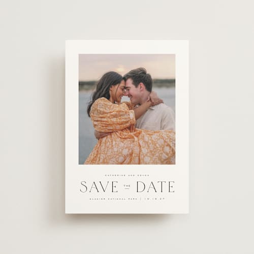 This is a ink save the date postcards with standard by Wildfield Paper Co called glacier printing on signature in postcard