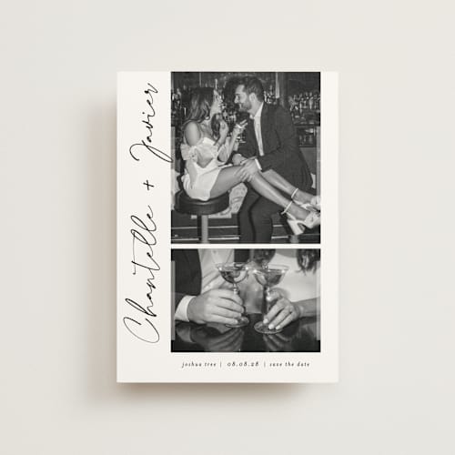 This is a onyx save the date postcards with standard by Sarah Curry called ink pen printing on signature in postcard