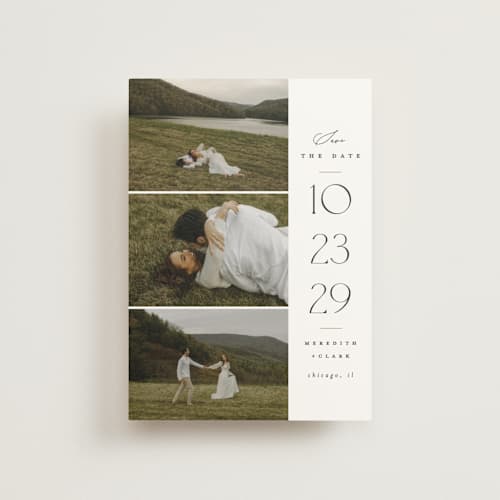 This is a cotton save the date postcards with standard by Carolyn Nicks called elegant trio printing on signature in postcard