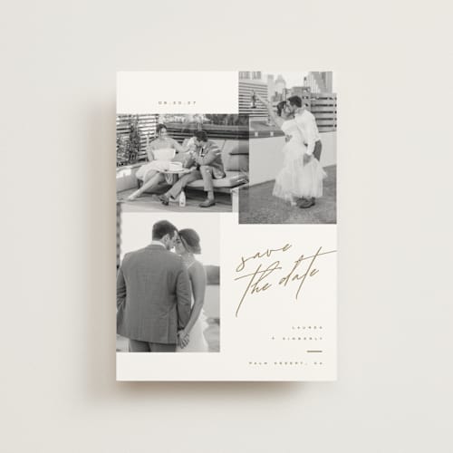 This is a cognac save the date postcards with standard by Kristie Kern called forte printing on signature in postcard