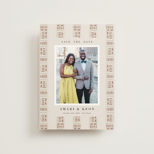 This is a ivory save the date postcards with standard by Oma N. Ramkhelawan called amari printing on signature in postcard