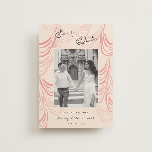 This is a blush save the date postcards with standard by Sarah Rosenthal called velvet cherry printing on signature in postcard