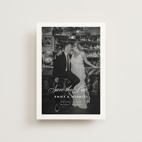 This is a ivory save the date postcards with standard by Benita Crandall called the classic printing on signature in postcard