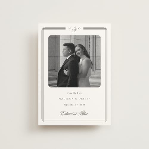 This is a cobblestone save the date postcards with standard by Emily Betts called lines printing on signature in postcard