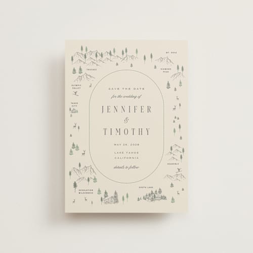 This is a cream save the date postcards with standard by Sherley Ferreira called tahoe lake printing on signature in postcard