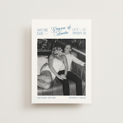 This is a lake save the date postcards with standard by Robert and Stella called opening titles printing on signature in postcard