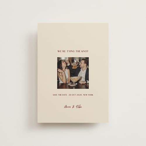 This is a burgundy save the date postcards with standard by Ani Somi called center cut printing on signature in postcard