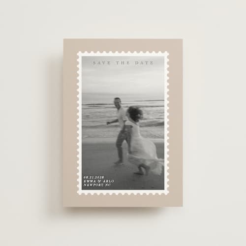 This is a taupe save the date postcards with standard by Studio Suku called stamp printing on signature in postcard