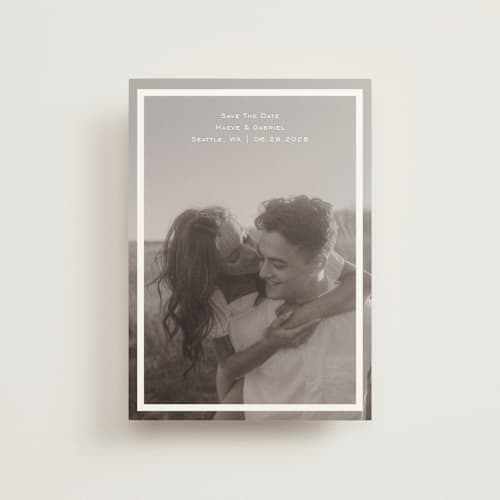 This is a quartz save the date postcards with standard by Jenny Millington called boxed in printing on signature in postcard