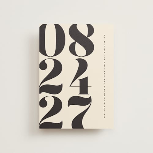 This is a ecru save the date postcards with standard by Erica Krystek called mod stack printing on signature in postcard