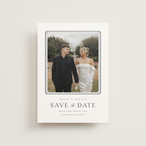 This is a french blue save the date postcards with standard by Jennifer Postorino called ariah printing on signature in postcard
