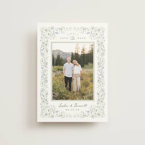 This is a periwinkle save the date postcards with standard by Kristen Smith called delicate vines printing on signature in postcard