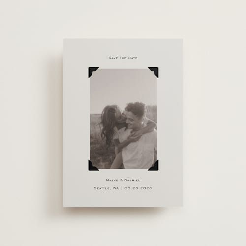 This is a cream save the date postcards with standard by Jenny Millington called scrapbook frame printing on signature in postcard