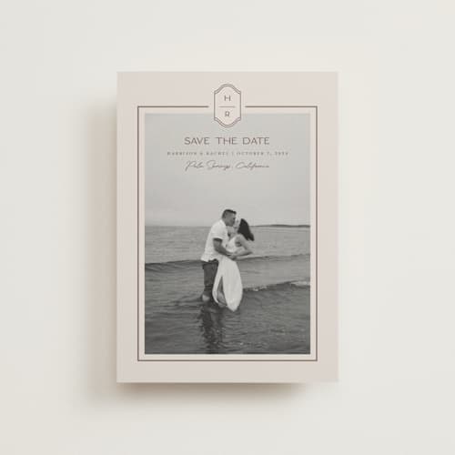 This is a dove save the date postcards with standard by Rachelle Clarke called modern monogram printing on signature in postcard